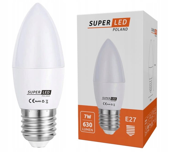 Żarówka LED E27 7W świeczka biała zimna