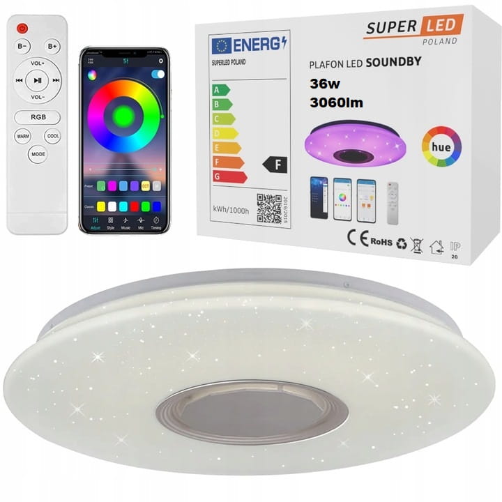 Lampa Panel LED PLAFON 36W RGB CCT Głośnik Bluetooth + pilot SuperLED