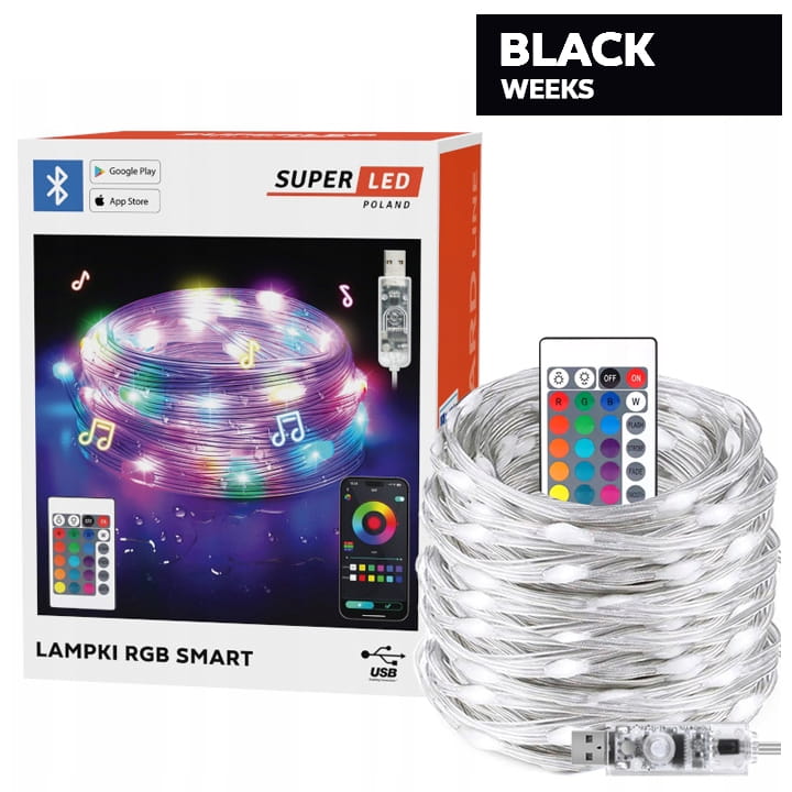 Lampki choinkowe LED RGB USB Bluetooth Smart 20m Pilot