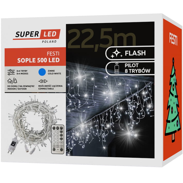 Sople 500 LED zewnętrzne 22,5 m IP44 zimne + pilot