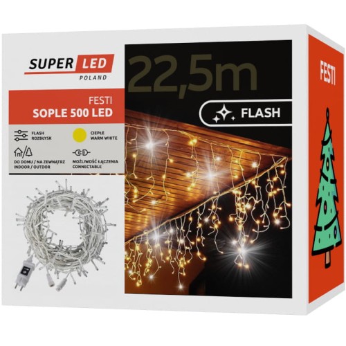 Sople 500 LED zewnętrzne 22,5 m ciepłe + flash