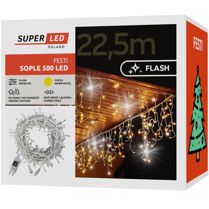 Sople 500 LED zewnętrzne 22,5 m ciepłe + flash