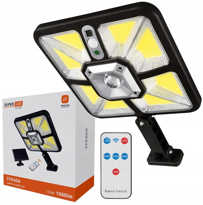 Lampa solarna LED COB Latarnia uliczna z czujnik 150W z kablem 5 m + pilot