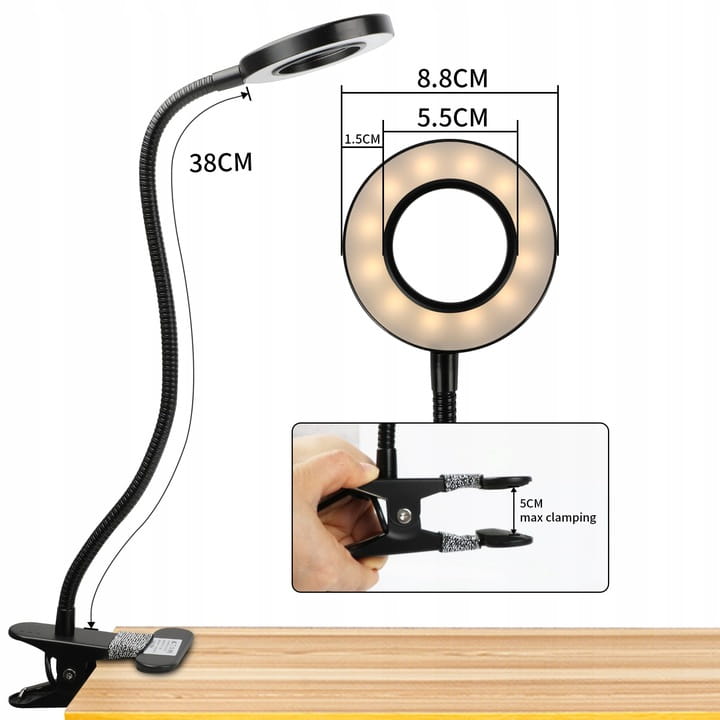 Lampka biurkowa LED Ring USB 3 barwy z klipsem SuperLED