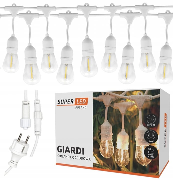 Girlanda ogrodowa BIAŁA zewnętrzna łańcuch 20m + 20x żarówka  LED E27 zwis