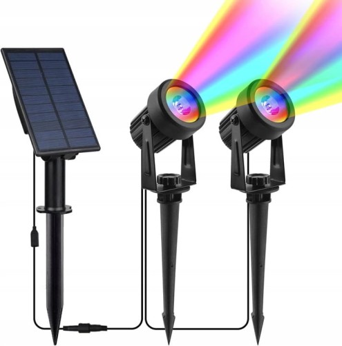 2x Reflektor ogrodowy LED RGB wbijany na szpikulec + Panel solarny kabel 5m