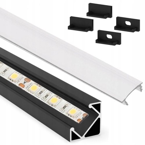 Profil LED aluminiowy do taśm narożny kątowy czarny 2m + klosz mleczny