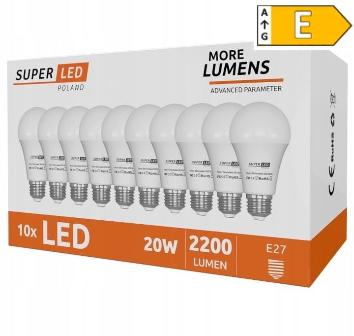 10x Żarówka LED E27 A70 20W Biała Ciepła SuperLED