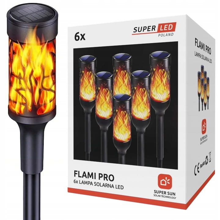 Zestaw 6x Lampa solarna LED ogrodowa POCHODNIA PŁOMIEŃ wbijana