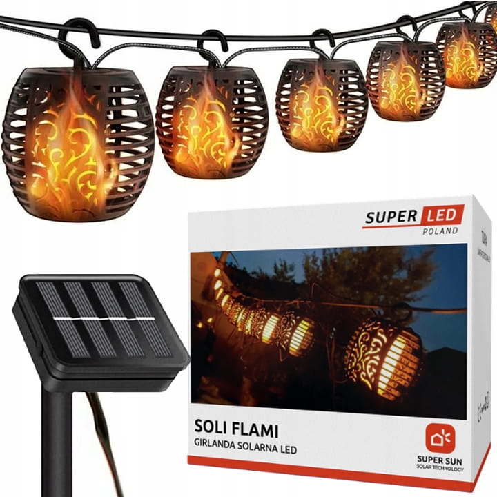 Girlanda solarna LED ogrodowa świetlna 20m + 20x LED płomień SuperLED