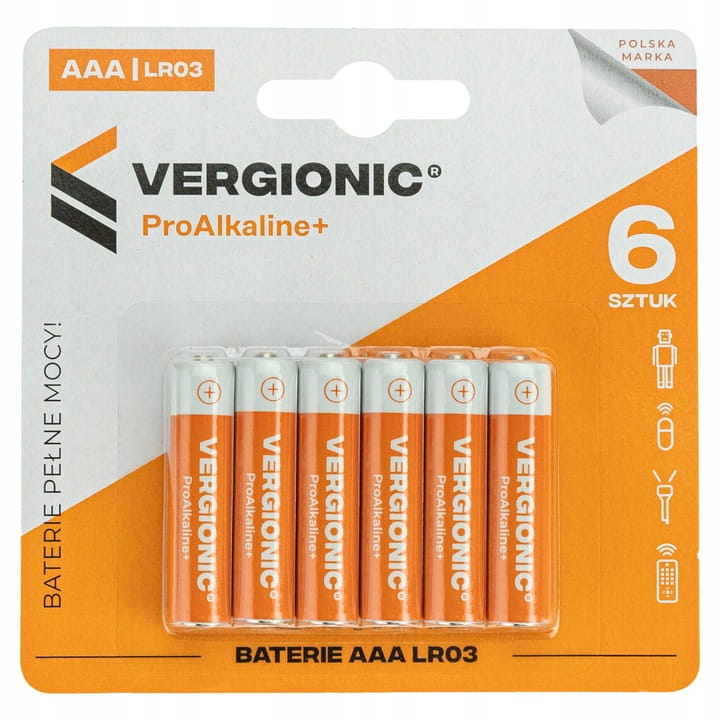Baterie Alkaliczne 6 szt. AAA R3 Paluszki Mocne 1,5V 44 mm × 10 Vergionic