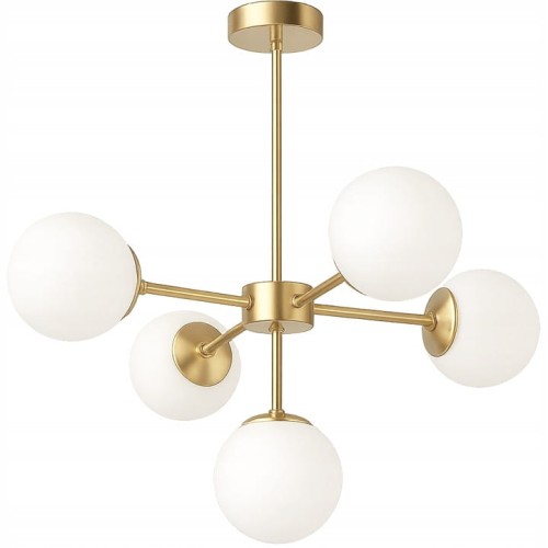 Lampa Wisząca Sufitowa Złota Żyrandol Białe Kule 5x LED E27