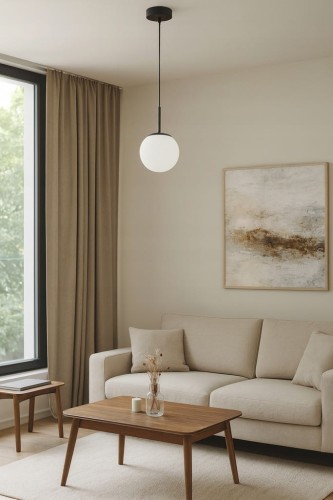 Lampa Wisząca Sufitowa Czarna Żyrandol Biała Kula Mleczna LED E27
