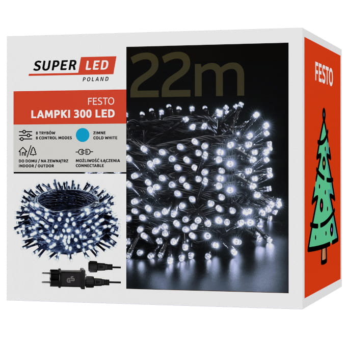 Lampki choinkowe 300 LED 22m Białe Zimne IP44 8 trybów