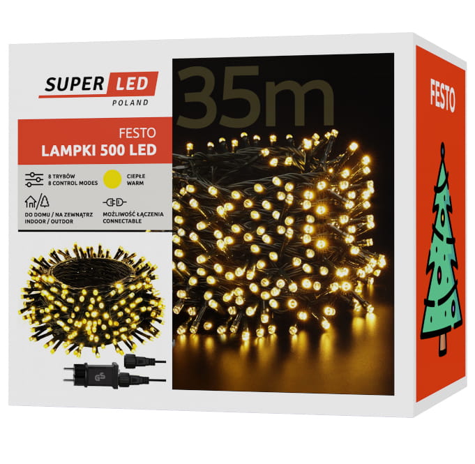 Lampki choinkowe 500 LED 35m Białe Ciepłe IP44 8 trybów