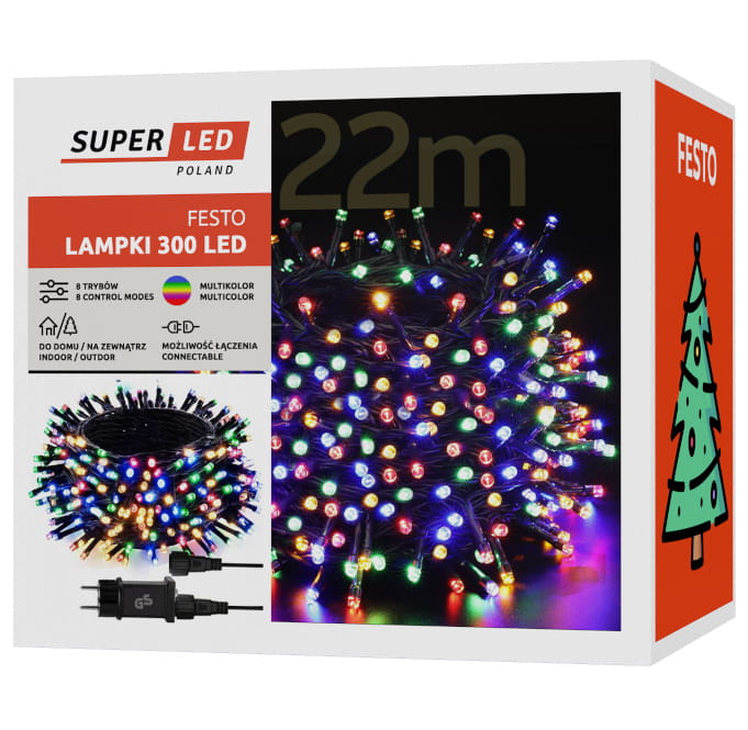 Lampki choinkowe 300 LED 22m Multikolor IP44 8 trybów