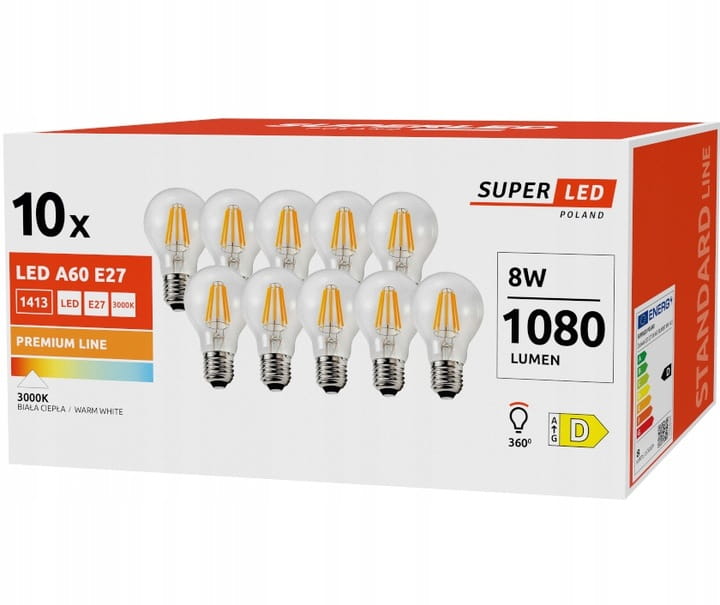 10x Żarówka Filament LED E27 8W biała ciepła