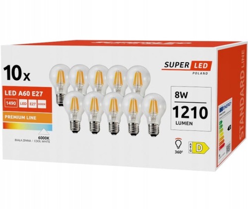10x Żarówka Filament LED E27 8W biała zimna
